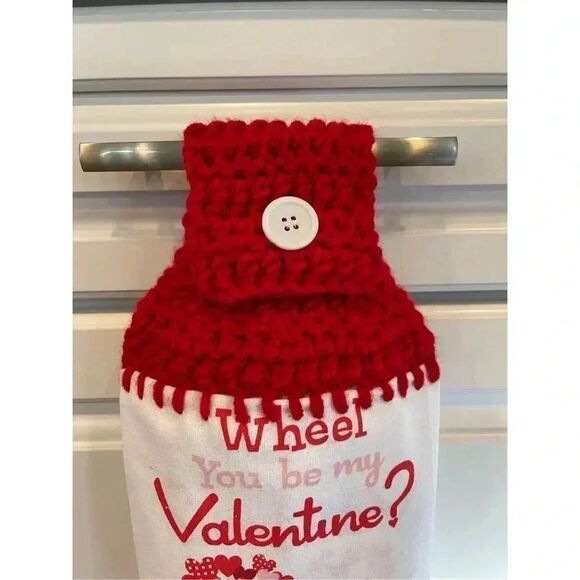 Crochet Top Kitchen Towel- Wheel You Be My Valentine/Bicycle - Picture 2 of 3